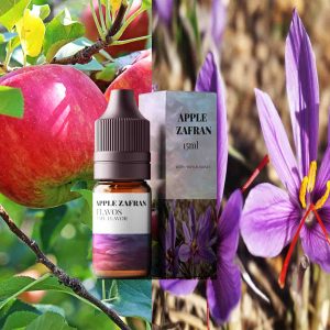Bottle of Apple Zafran flavored e-liquid featuring rich apple and saffron-inspired packaging with warm golden accents.
