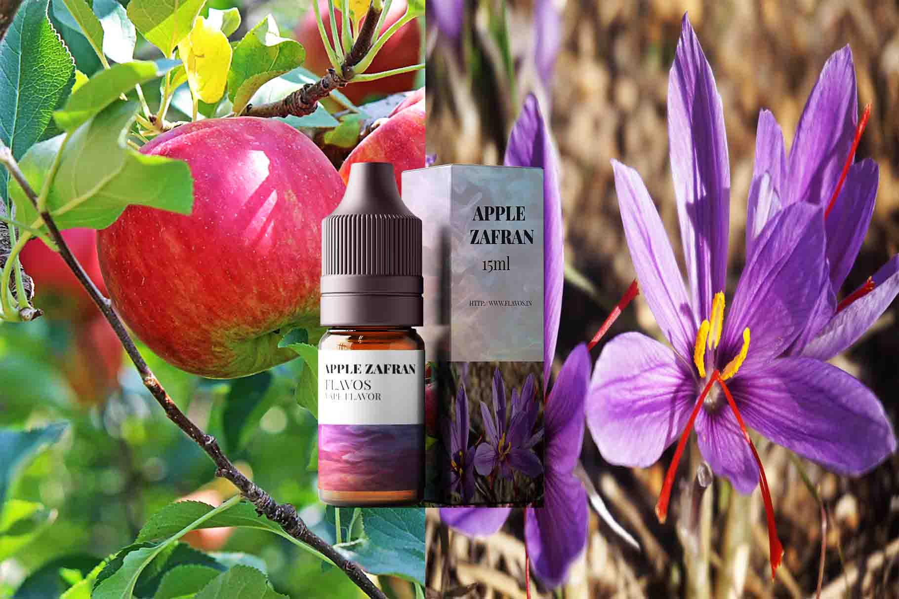 Bottle of Apple Zafran flavored e-liquid featuring rich apple and saffron-inspired packaging with warm golden accents.