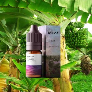 Bottle of Banana flavored e-liquid with bright tropical-themed packaging inspired by ripe bananas.