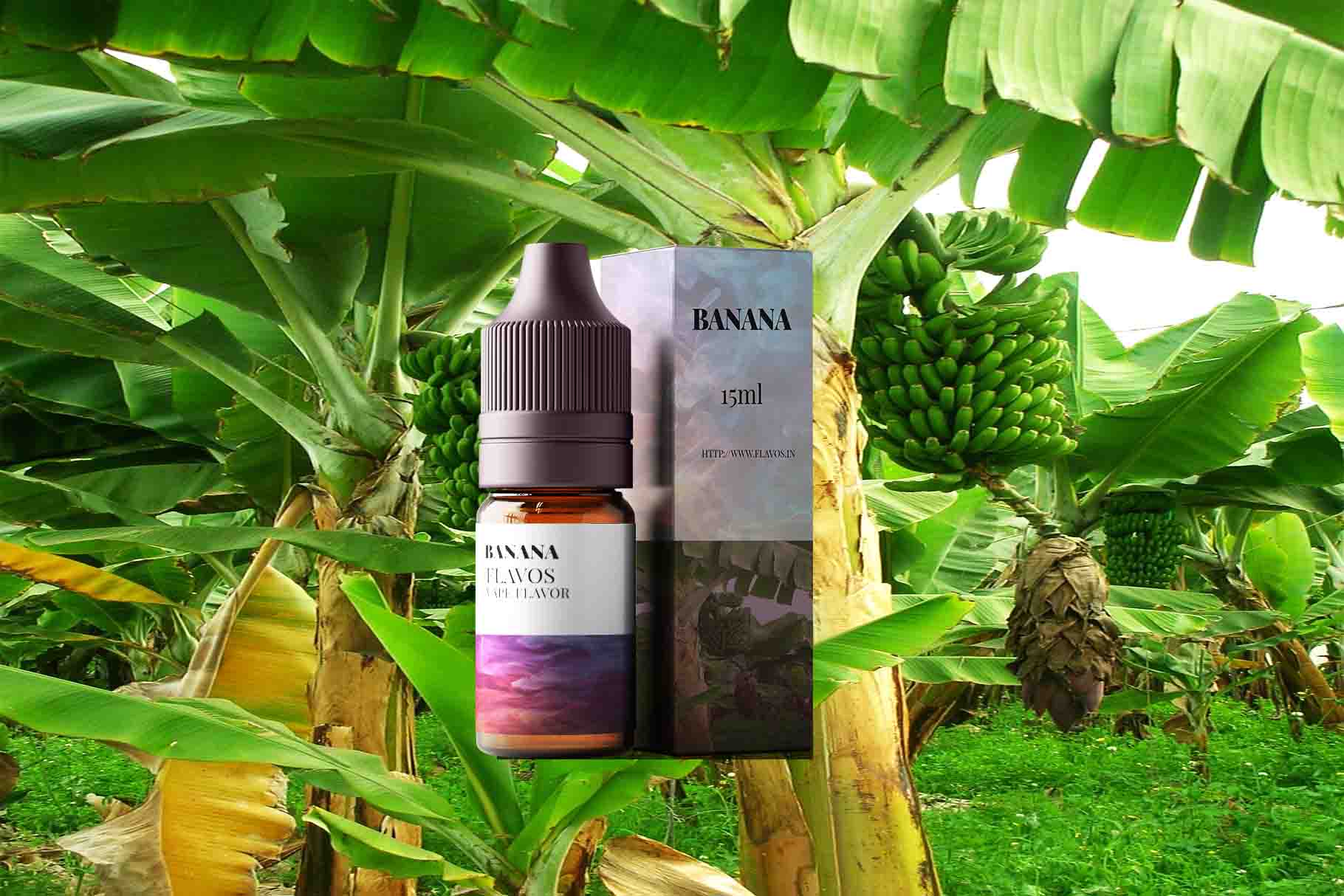 Bottle of Banana flavored e-liquid with bright tropical-themed packaging inspired by ripe bananas.