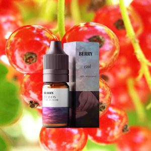 Bottle of berry-flavored e-liquid with vibrant berry-themed packaging, designed for use in vape devices.