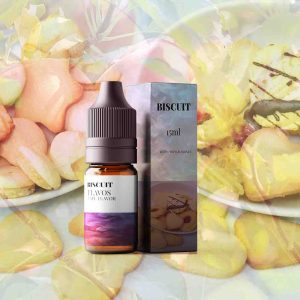 Bottle of biscuit-flavored e-liquid with warm bakery-inspired packaging for vape devices.