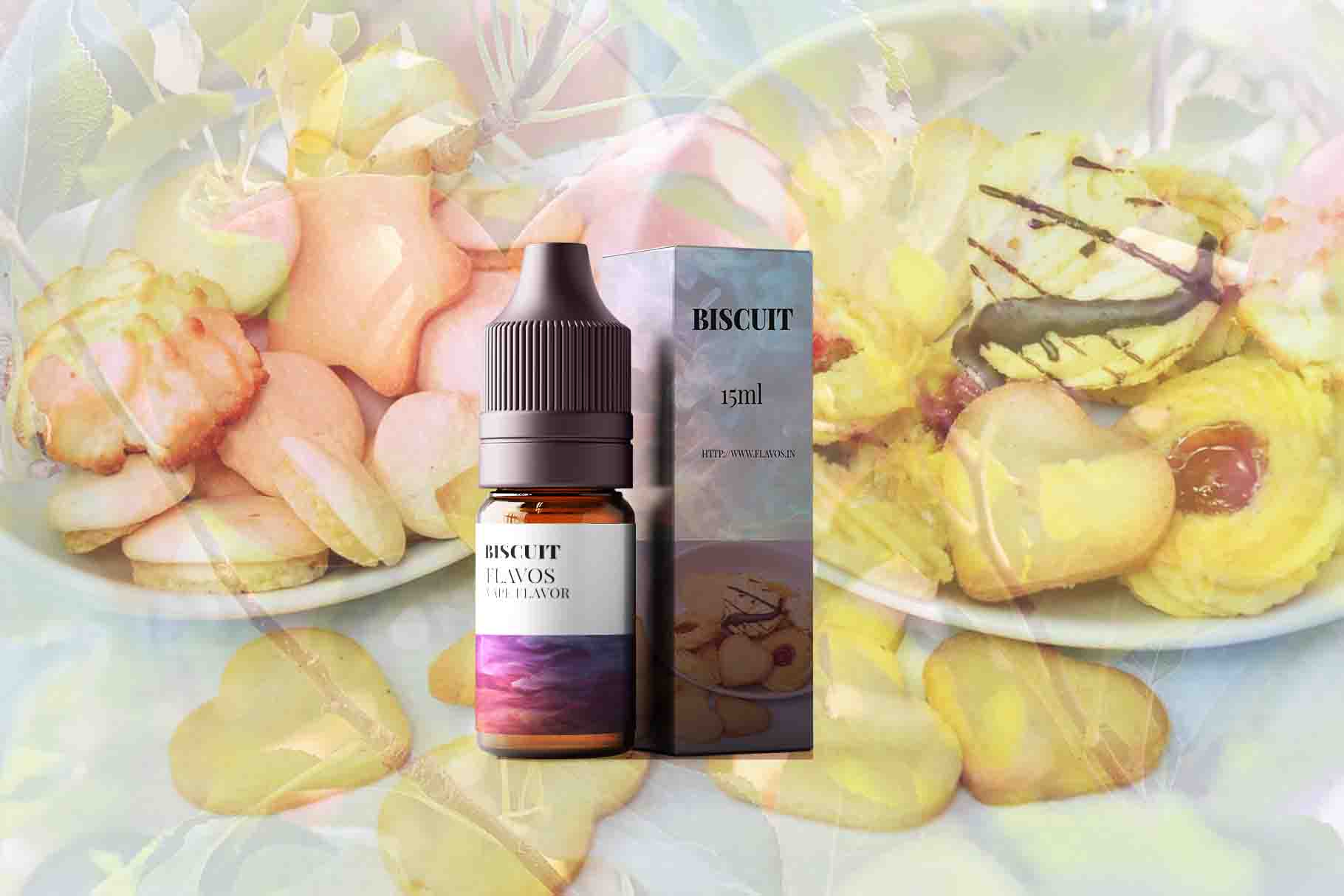 Bottle of biscuit-flavored e-liquid with warm bakery-inspired packaging for vape devices.