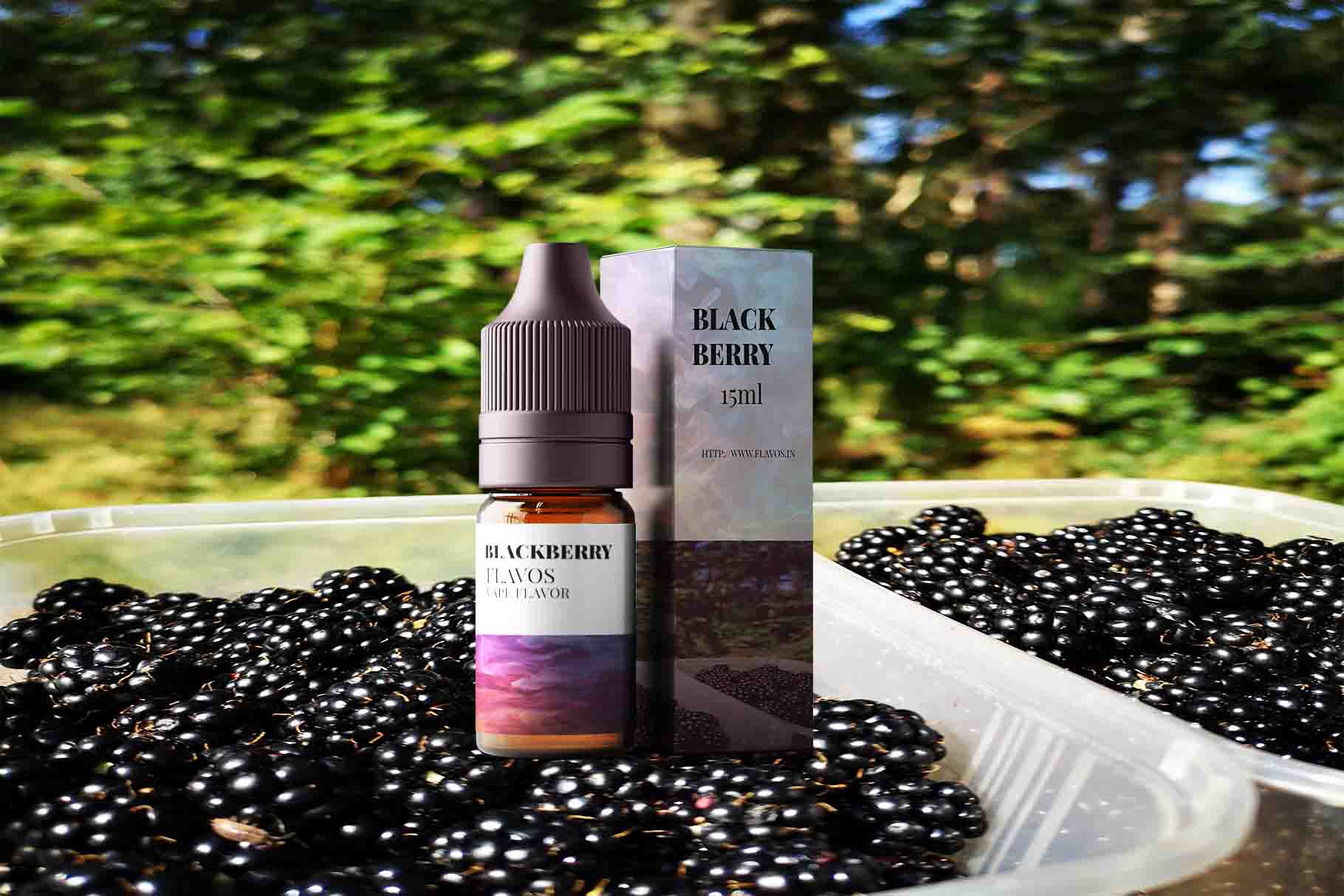 Bottle of blackberry-flavored e-liquid with dark berry-inspired packaging for vape devices.