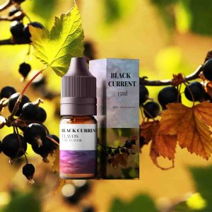 Bottle of blackcurrant-flavored e-liquid with bold purple berry-themed packaging for vape devices.