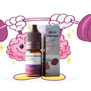 Bottle of Brain Freezer flavored e-liquid/e-juice with bold icy-themed packaging, designed for vaping devices and highlighting a cool, refreshing flavor profile.