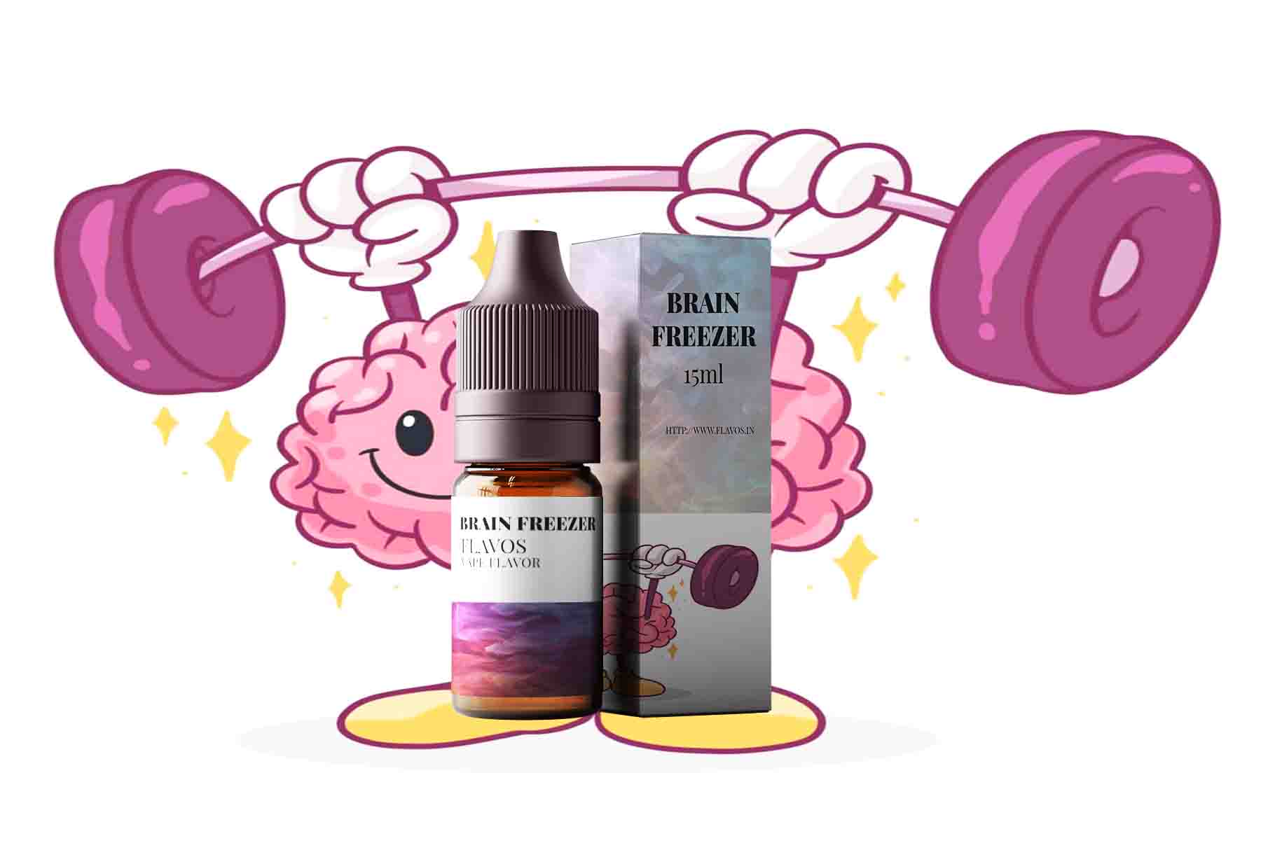 Bottle of Brain Freezer flavored e-liquid/e-juice with bold icy-themed packaging, designed for vaping devices and highlighting a cool, refreshing flavor profile.