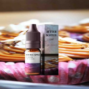Bottle of Butterscotch flavored e-liquid with rich caramel-inspired packaging, designed for vaping devices and highlighting a smooth dessert flavor profile.