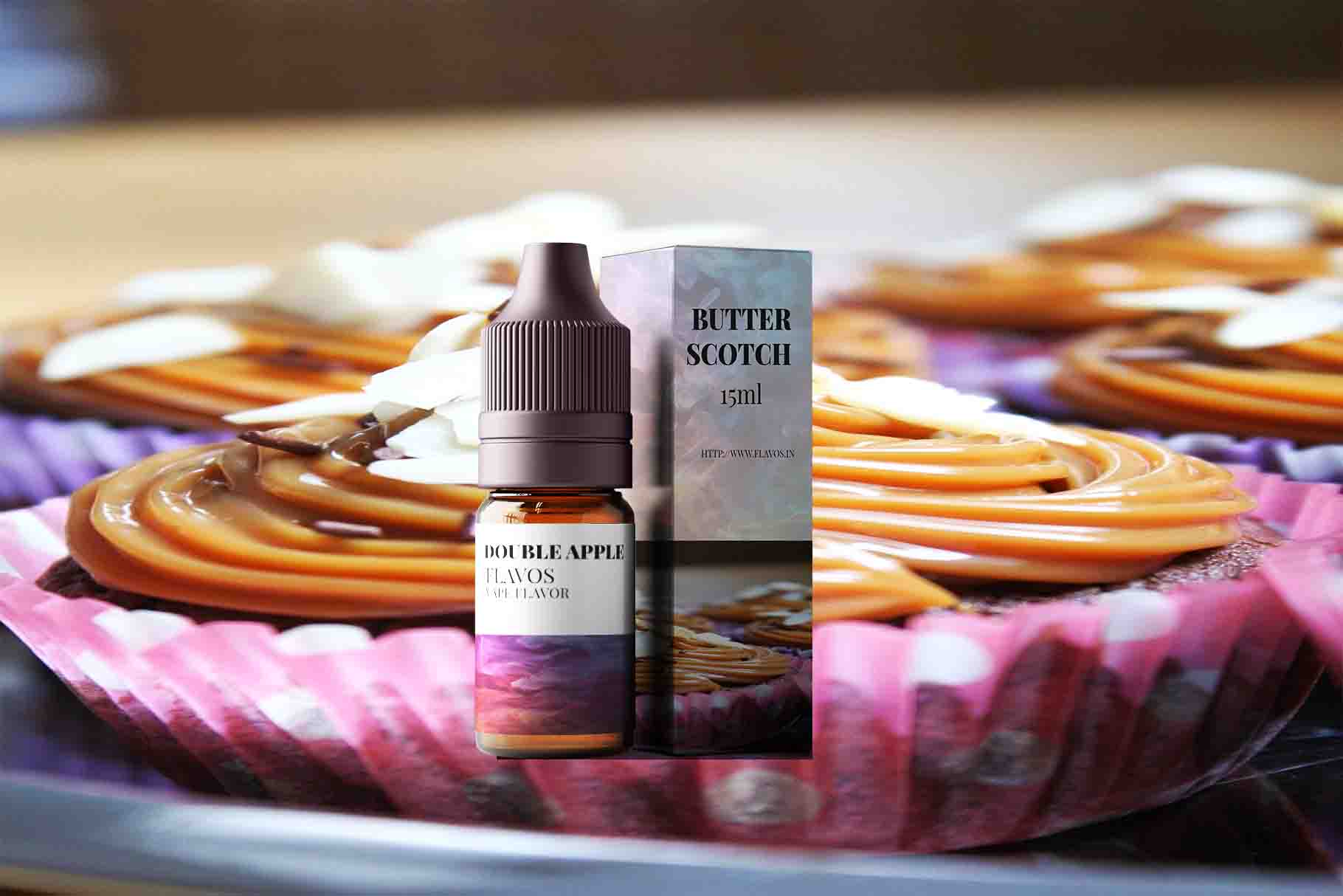 Bottle of Butterscotch flavored e-liquid with rich caramel-inspired packaging, designed for vaping devices and highlighting a smooth dessert flavor profile.