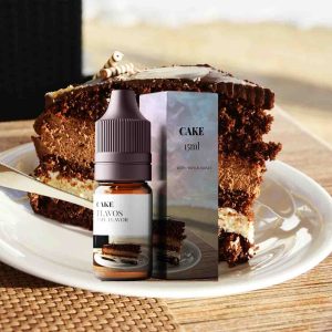 Bottle of Cake flavored e-liquid with dessert-inspired packaging, designed for vaping devices and emphasizing a rich bakery flavor profile.