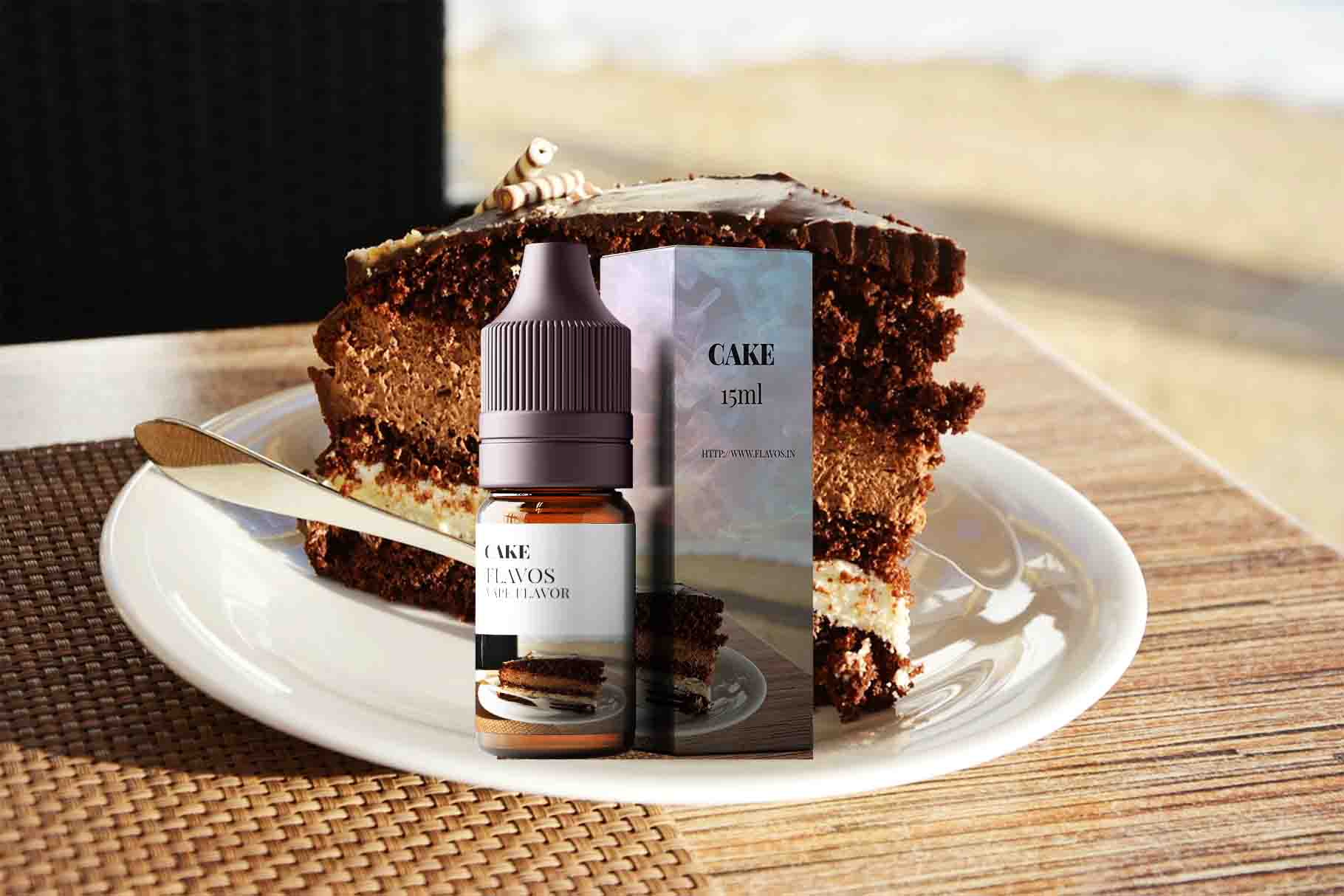 Bottle of Cake flavored e-liquid with dessert-inspired packaging, designed for vaping devices and emphasizing a rich bakery flavor profile.
