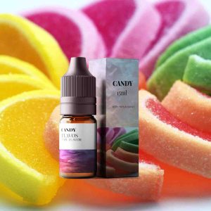 Bottle of Candy flavored e-liquid with colorful sweet-themed packaging, designed for vaping devices and highlighting a sugary flavor profile.