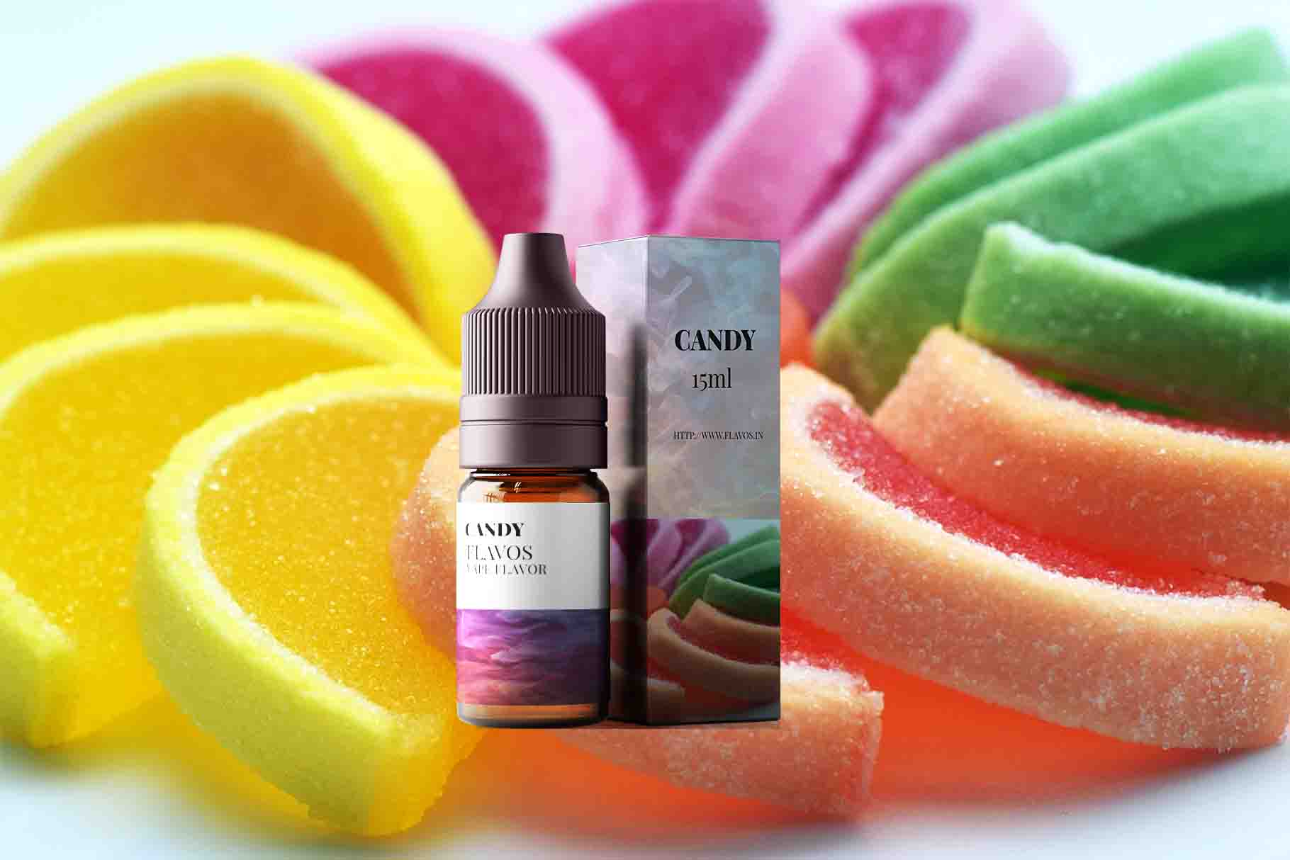 Bottle of Candy flavored e-liquid with colorful sweet-themed packaging, designed for vaping devices and highlighting a sugary flavor profile.
