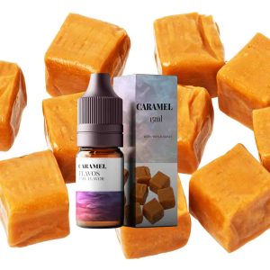 Bottle of Caramel flavored e-liquid with rich golden packaging, designed for vaping devices and showcasing a smooth dessert flavor profile.