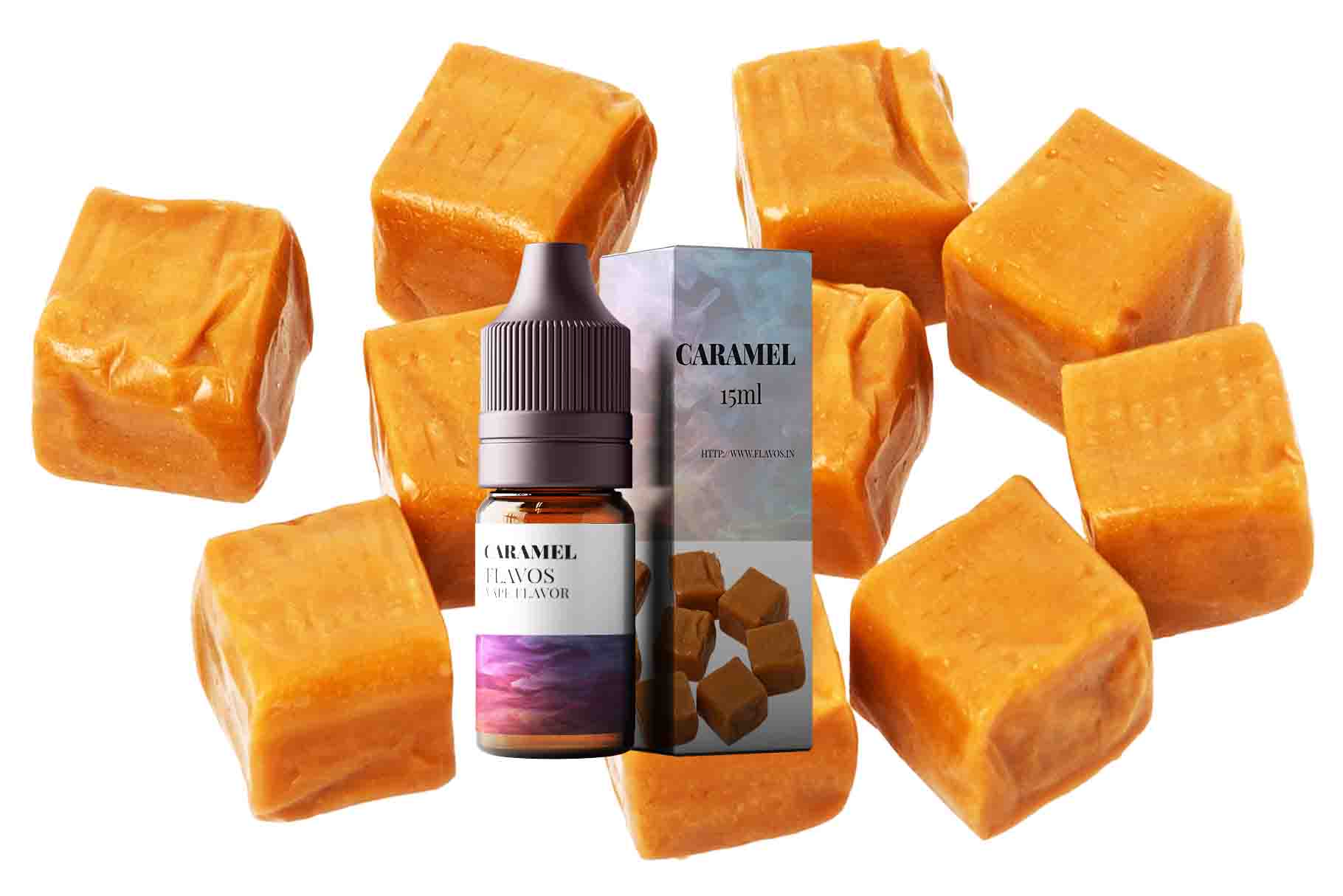 Bottle of Caramel flavored e-liquid with rich golden packaging, designed for vaping devices and showcasing a smooth dessert flavor profile.