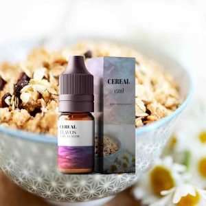 Bottle of Cereal flavored e-liquid with breakfast-inspired packaging, designed for vaping devices and highlighting a sweet creamy flavor profile.