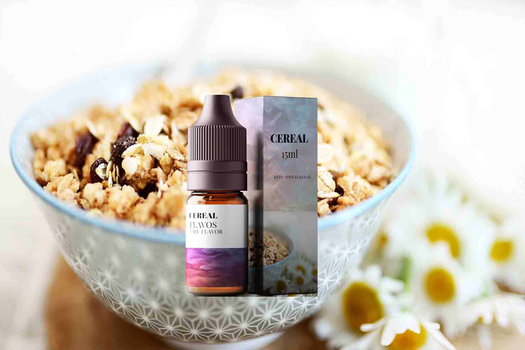 Bottle of Cereal flavored e-liquid with breakfast-inspired packaging, designed for vaping devices and highlighting a sweet creamy flavor profile.