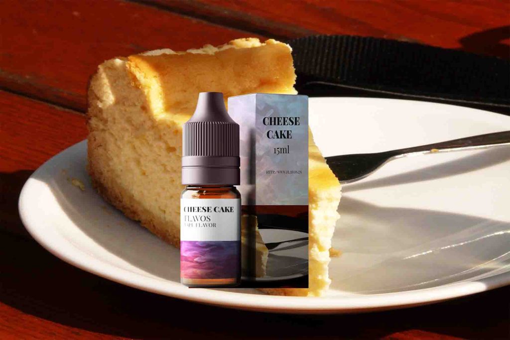 Bottle of Cheesecake flavored e-liquid with dessert-style packaging, designed for vaping devices and highlighting a creamy bakery flavor profile.
