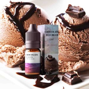 Bottle of Chocolate Ice Cream flavored e-liquid with dessert-inspired packaging, designed for vaping devices and highlighting a rich creamy chocolate flavor profile.