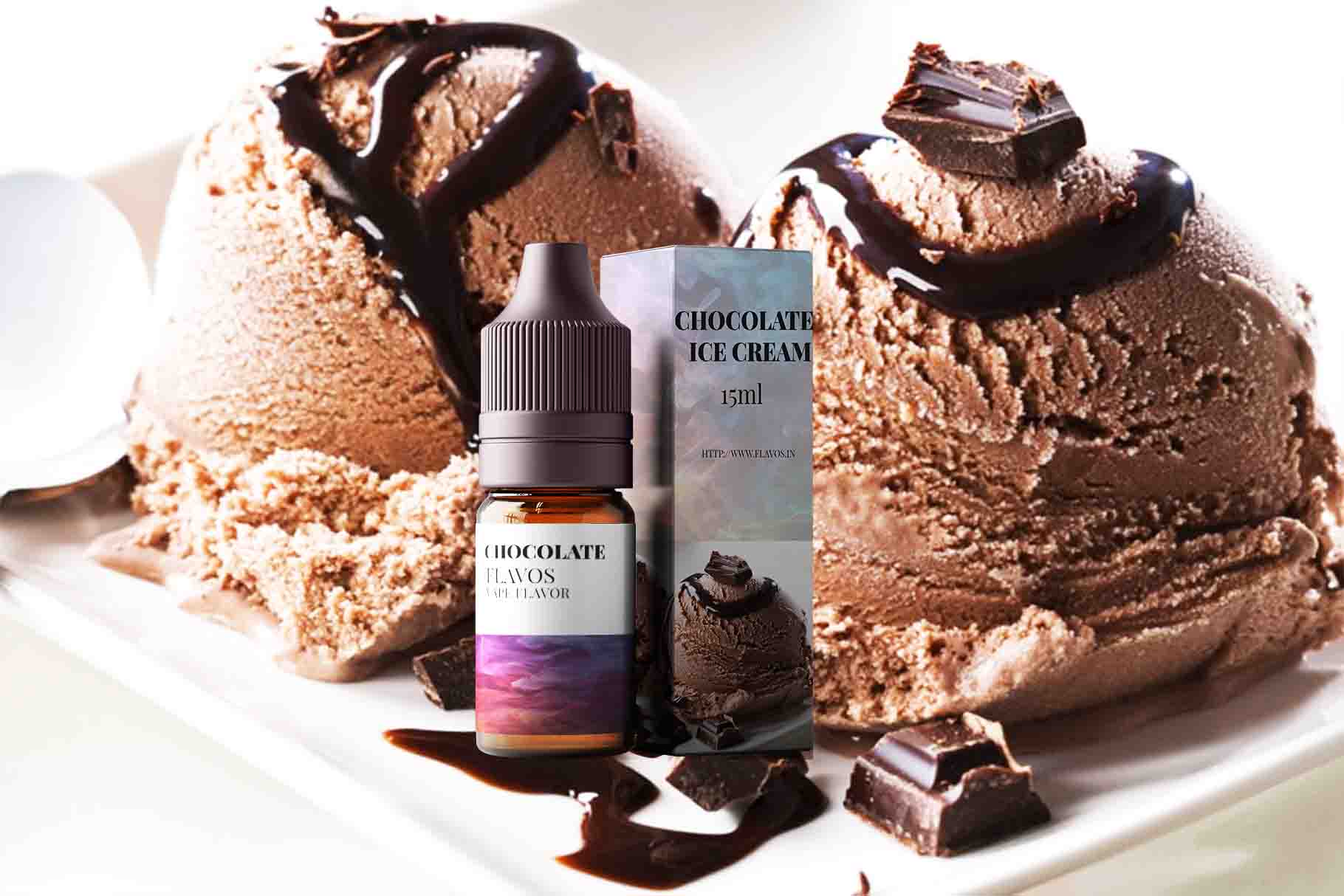 Bottle of Chocolate Ice Cream flavored e-liquid with dessert-inspired packaging, designed for vaping devices and highlighting a rich creamy chocolate flavor profile.
