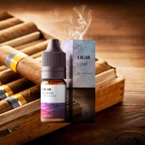 Bottle of Cigar flavored e-liquid with dark, classic packaging, designed for vaping devices and highlighting a bold tobacco-inspired flavor profile.