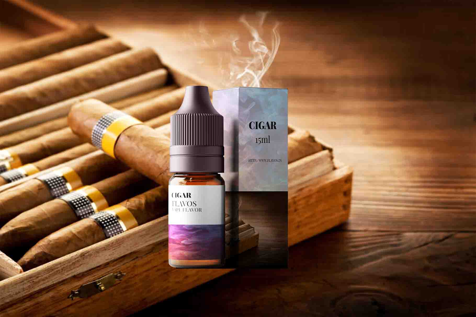 Bottle of Cigar flavored e-liquid with dark, classic packaging, designed for vaping devices and highlighting a bold tobacco-inspired flavor profile.