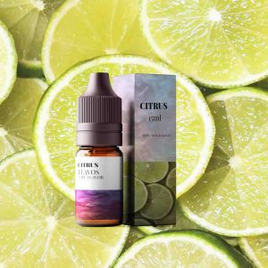 Bottle of Citrus flavored e-liquid with bright citrus-themed packaging, designed for vaping devices and highlighting a tangy fruit flavor profile.