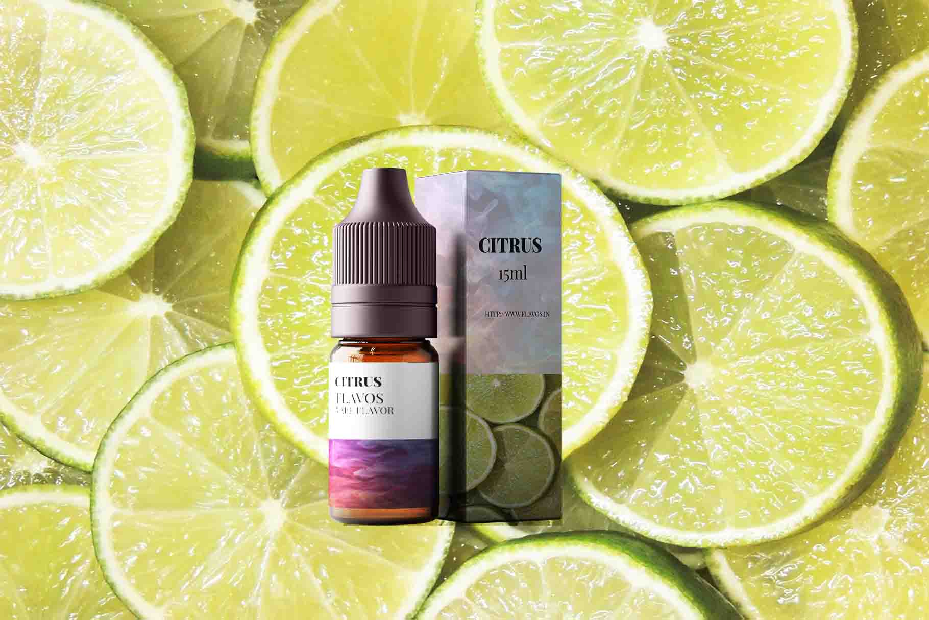 Bottle of Citrus flavored e-liquid with bright citrus-themed packaging, designed for vaping devices and highlighting a tangy fruit flavor profile.