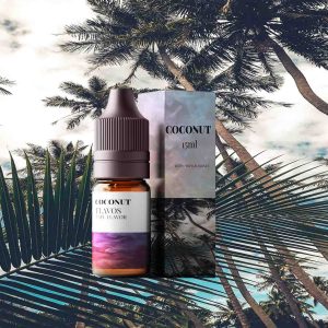 Bottle of Coconut flavored e-liquid with tropical-themed packaging, designed for vaping devices and highlighting a creamy coconut flavor profile.