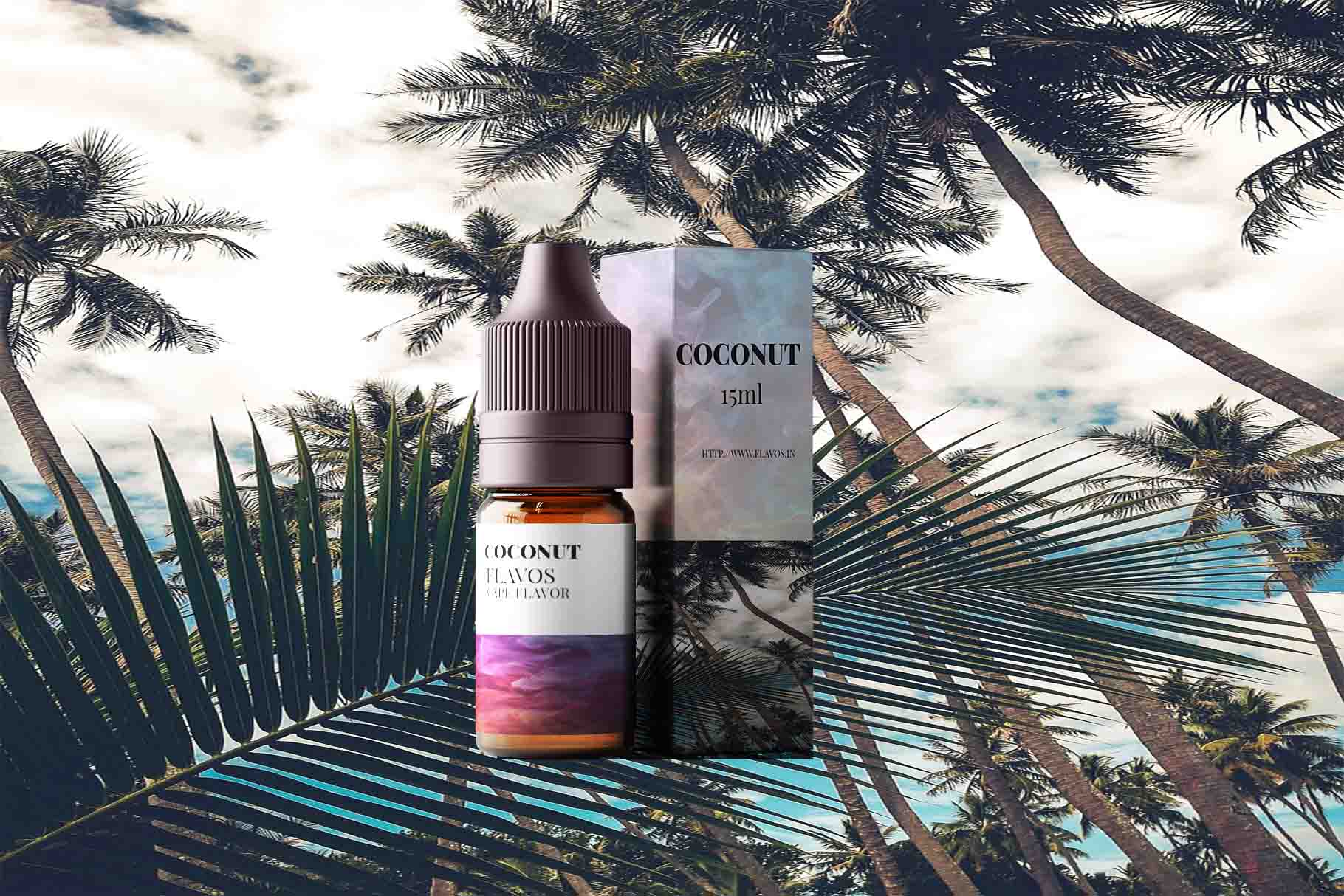 Bottle of Coconut flavored e-liquid with tropical-themed packaging, designed for vaping devices and highlighting a creamy coconut flavor profile.