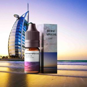 Bottle of Dubai Special flavored e-liquid with luxurious, Middle Eastern-inspired packaging, designed for vaping devices and highlighting a rich exotic flavor profile.
