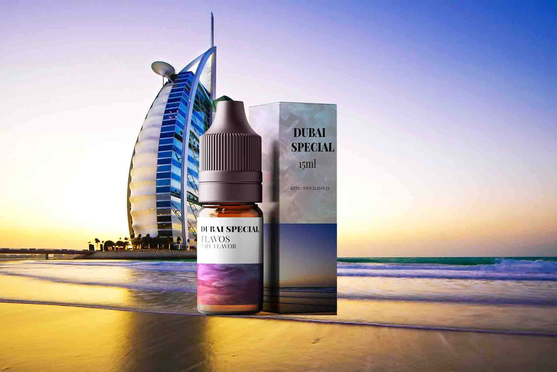 Bottle of Dubai Special flavored e-liquid with luxurious, Middle Eastern-inspired packaging, designed for vaping devices and highlighting a rich exotic flavor profile.