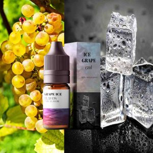 Bottle of Ice Grape flavored e-liquid with purple grape-themed packaging and frosty design accents, intended for vaping devices and highlighting a cool fruity flavor profile.