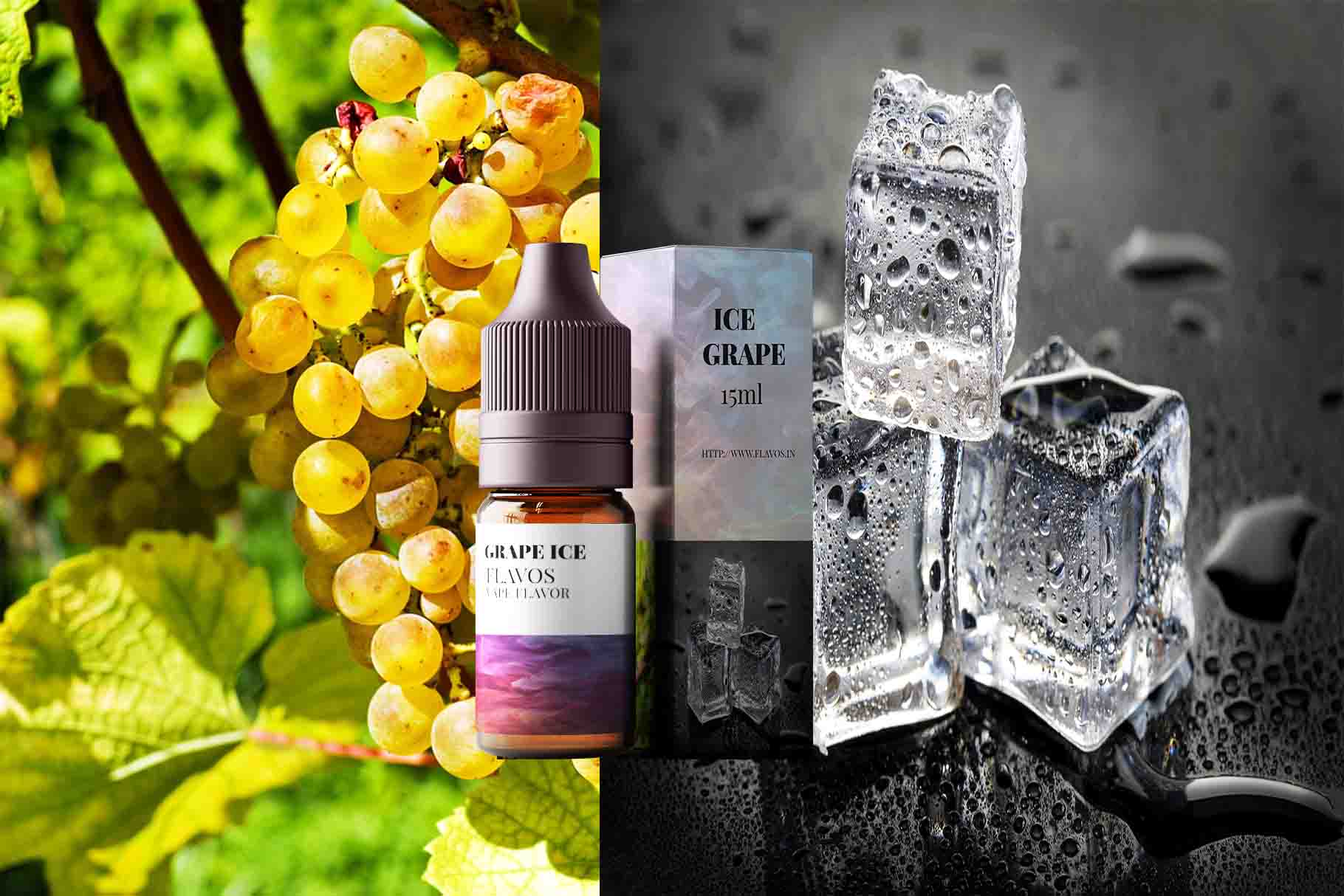 Bottle of Ice Grape flavored e-liquid with purple grape-themed packaging and frosty design accents, intended for vaping devices and highlighting a cool fruity flavor profile.