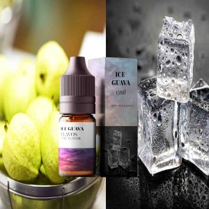 Bottle of Ice Guava flavored e-liquid with tropical guava-themed packaging and frosty design accents, designed for vaping devices and highlighting a cool fruity flavor profile.