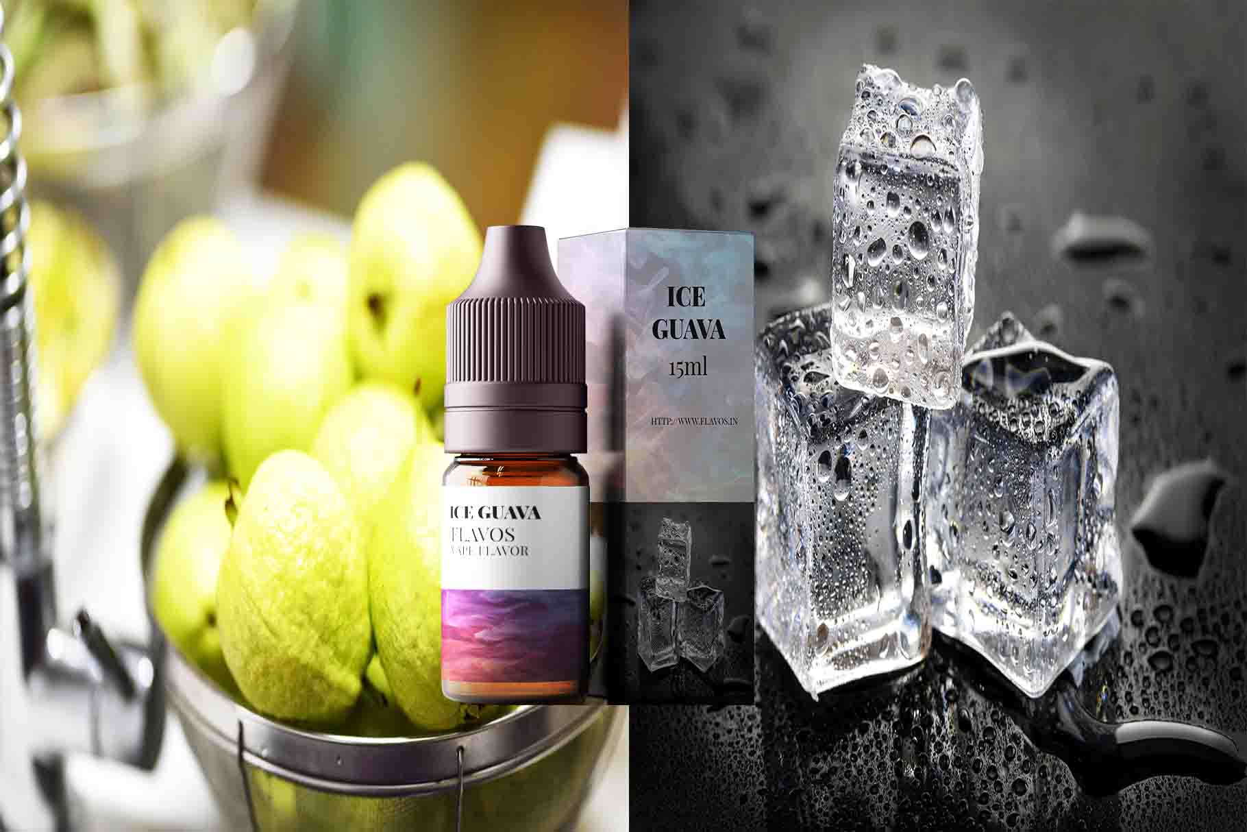 Bottle of Ice Guava flavored e-liquid with tropical guava-themed packaging and frosty design accents, designed for vaping devices and highlighting a cool fruity flavor profile.