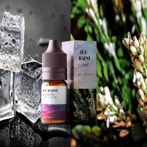 Bottle of Ice Rajni flavored e-liquid with bold icy-themed packaging, designed for vaping devices and highlighting a cool, unique flavor profile.
