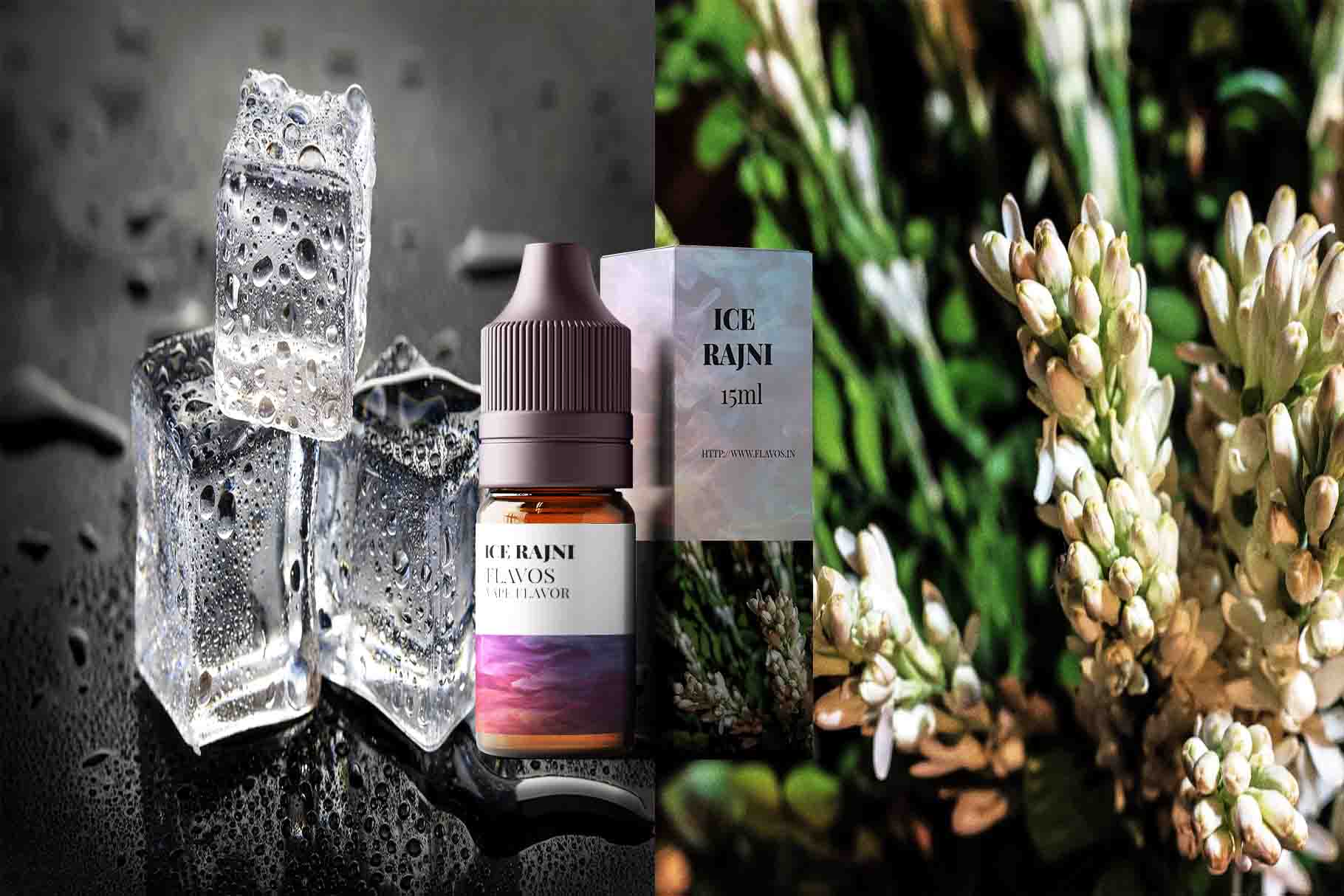 Bottle of Ice Rajni flavored e-liquid with bold icy-themed packaging, designed for vaping devices and highlighting a cool, unique flavor profile.