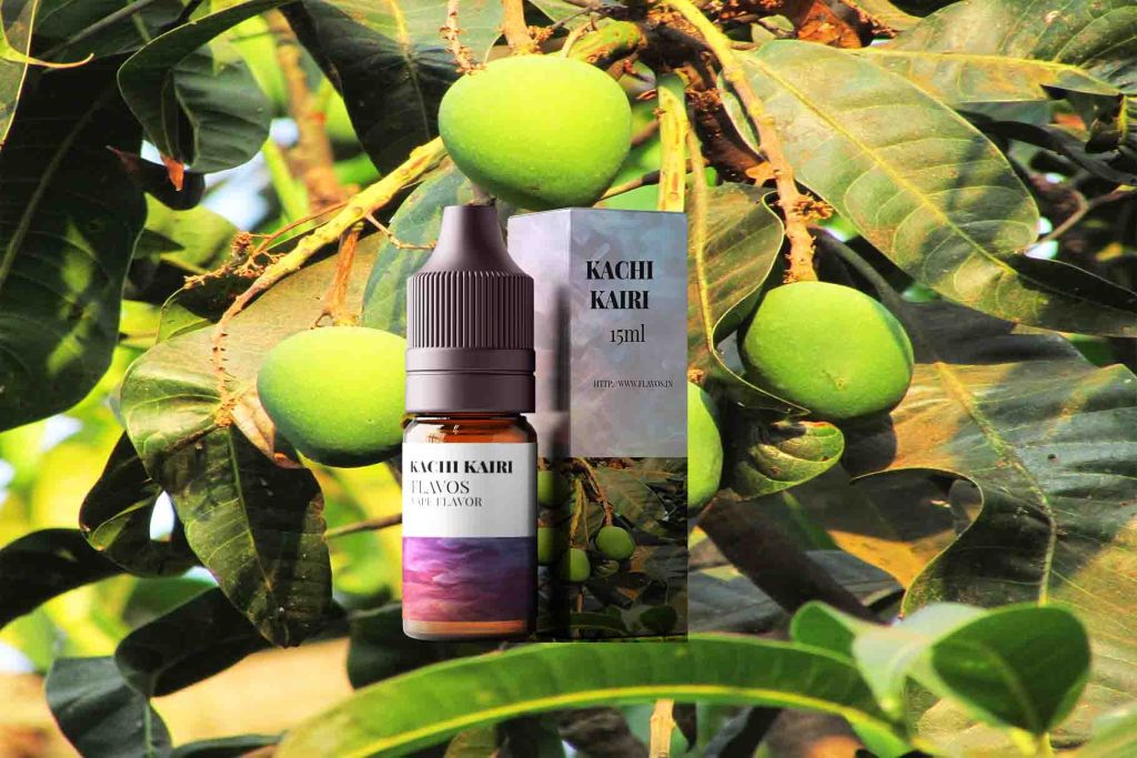 Bottle of Kachi Kairi flavored e-liquid with raw mango-inspired packaging, designed for vaping devices and highlighting a tangy fruity flavor profile.
