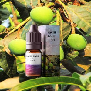 Bottle of Kachi Kairi flavored e-liquid with raw mango-inspired packaging, designed for vaping devices and highlighting a tangy fruity flavor profile.