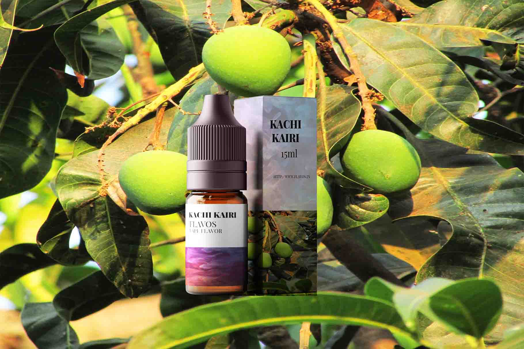 Bottle of Kachi Kairi flavored e-liquid with raw mango-inspired packaging, designed for vaping devices and highlighting a tangy fruity flavor profile.